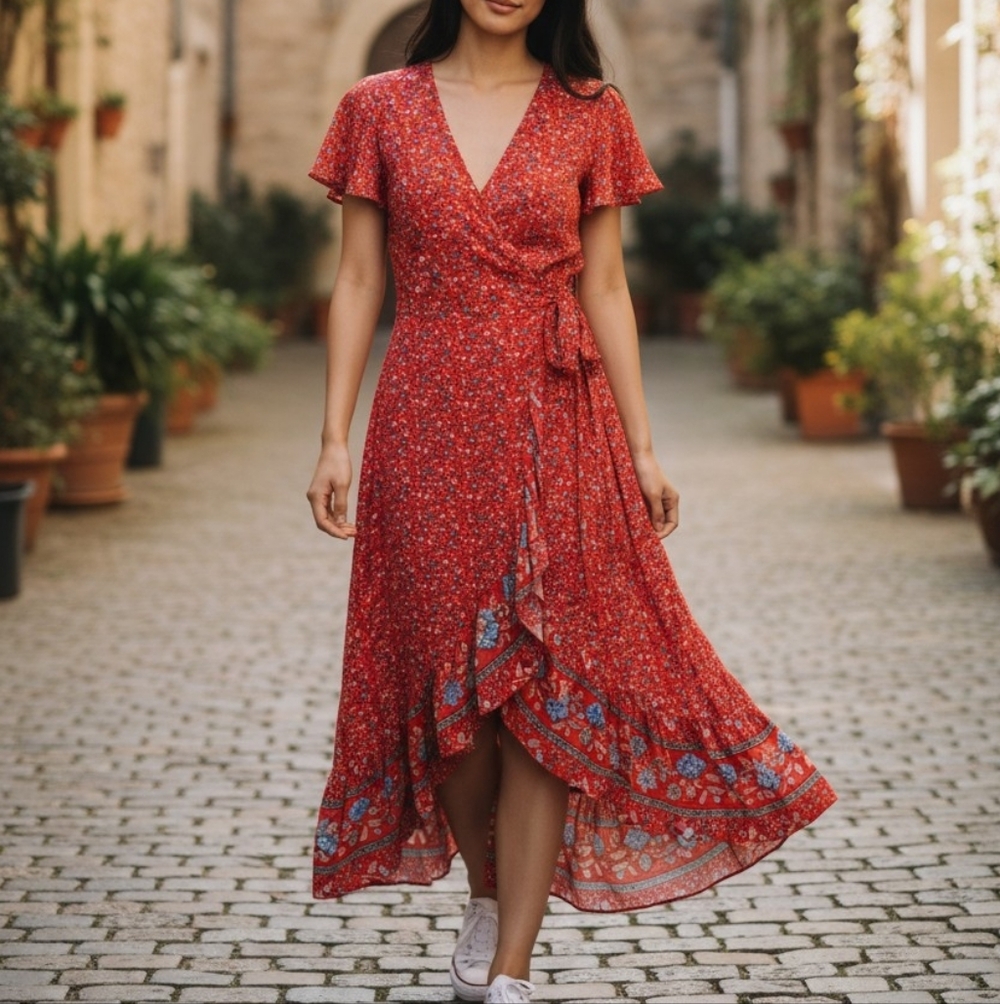 Floral Wrap Dress in Red Zesica Size XL